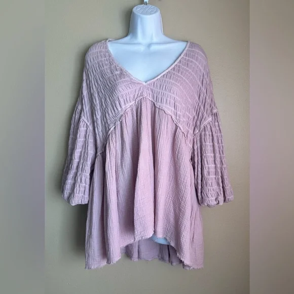 Free People Pink Puffy Sleeve Shirt - Picture 1 of 3